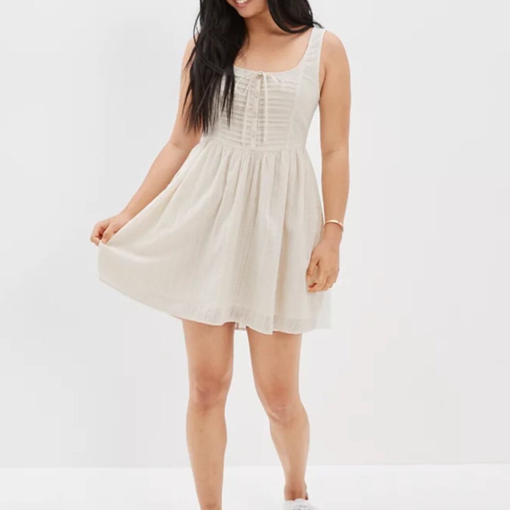 AE Pintuck Mini Dress, size XL, cream with tie and babydoll silhouette